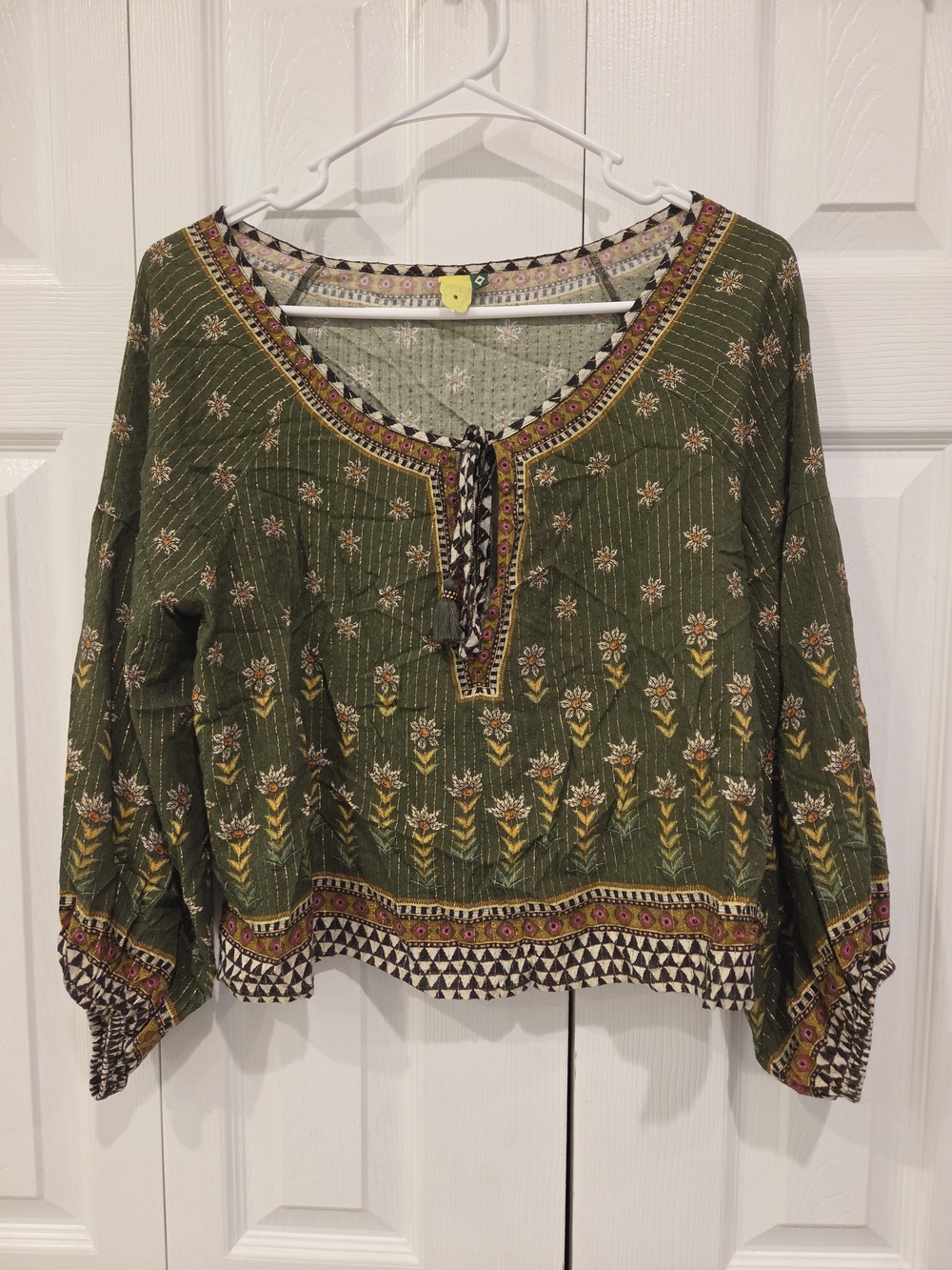 FARM Rio Olive Green Floral Embroidered Peasant Tunic